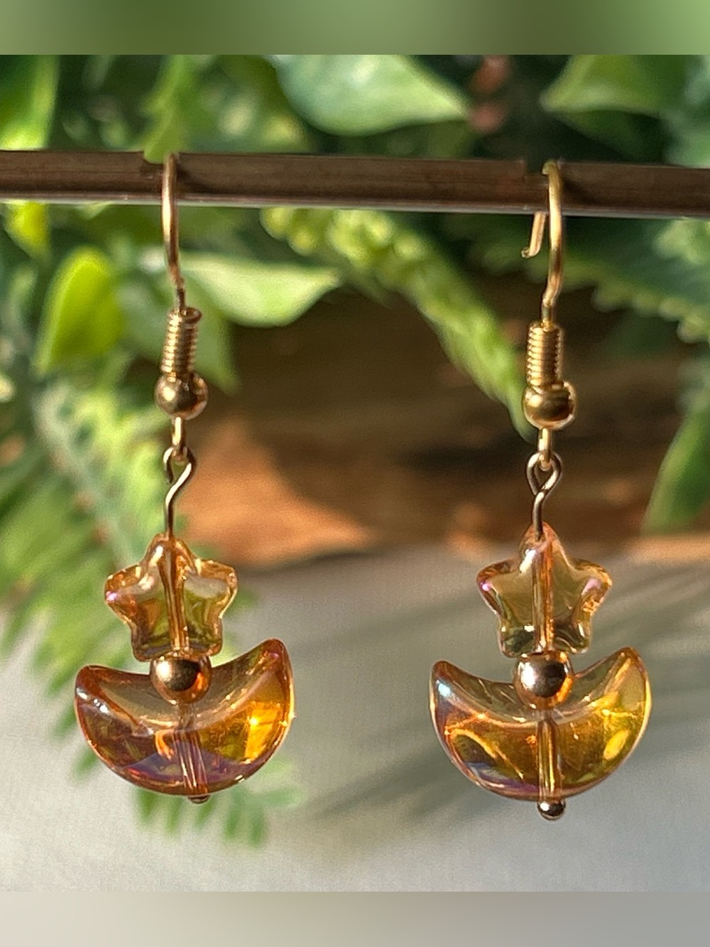 Gold-Tone Orange Iridescent Star & Crescent Drop Earrings